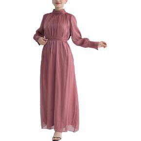 Hanimeli Women's Organza Modest Abaya Evening Gown with Belt Long Puff Sleeves Maxi Dress Special Occasions Weddings Prom