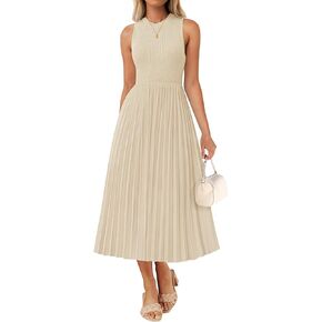 ZESICA Women's 2025 Summer Sleeveless Midi Dresses Casual Crewneck Ribbed Knit Pleated A Line Swing Long Party Dress
