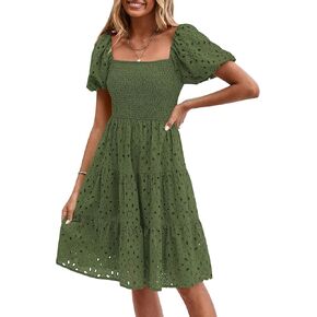 PRETTYGARDEN Womens Summer Puff Sleeve Mini Dress Off Shoulder Eyelet Smocked A Line Casual Babydoll Short Dresses