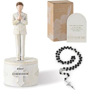First Communion Gifts for Boys: Holy Confirmation Baptism Favors for Teenage Son Grandson Nephew Brother, Primera Christian Religious Catholic Rosary Figurine Keepsake Box