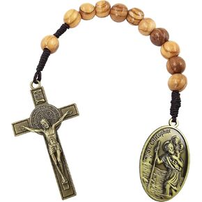 Talisman4u Saint Christopher Medal واحد عقد من الصلاة الجيب Rosary St Benedict Medal Crucifix Cross 10 مم حبات خشب الزيتون المفتوحة على شكل مسبحة تينر الخشبية المصنوعة يدوياً هدية كاثوليكية كيتاري كيس.
