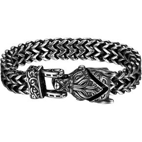 Viking Bracelet for Men Biker Heavy: Silver Stainless Steel Wolf Snake Eagle Head Franco Chain Curb Link with Spring Ring Clasp Jewelry Gifts