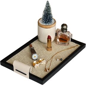 Modern Luxury 12"x8" Woven Leather and Wooden Rectangle Tray - Jewelry, Vanity, Decorative, Catchall, and Serving for All Occasions (Beige, Medium)