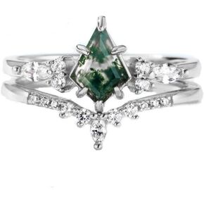 Natural Moss Agate Engagement Rings for Women 14K Gold Plated 925 Sterling Silver Kite Cut Moss Agate Rings Set Gemstone Bridal Set Promise Ring Wedding Aniversary Valentine's Day Gifts for Her