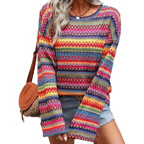 CORIRESHA Women's Crochet Colorful Sweater Long Sleeve Casual Striped Knit Pullover Top