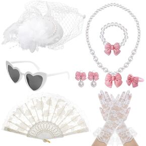 Fumwase 8Pcs White Tea Party Accessories Set Tea Party Gloves Hats Necklace Fan Bracelet Earrings Sunglass Ring