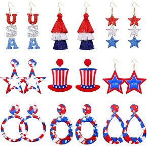 9 Pairs Patriotic Earrings 4th of July Earrings for Women Acrylic American Flag Star Dangle Earrings Independence Day Party Jewelry Set Gifts