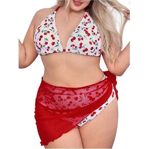 MakeMeChic Women's Plus Size 3 Piece Bikini Set Cherry Halter Triangle Backless Bathing Suit with Cover Up Skirt