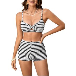 MakeMeChic Women's Striped Bikini Set Twist Front Tummy Control Bathing Suit with Boyshorts