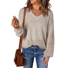 Women's Sweater Soft V Neck Hollow Out Long Sleeve Sweaters Crochet Knit Tops Casual
