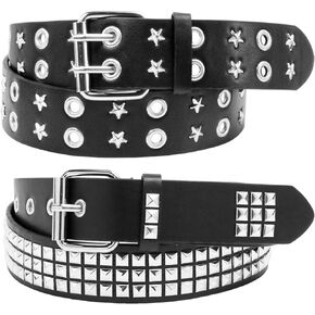 2 Pcs Black Studded Belt PU Leather Y2K Star Belt Gothic Punk Rock Belt with Metal Pyramid Grommets for Women Men