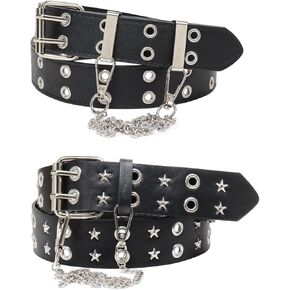 2 Pcs Studded Belt, Y2K Belt Star Belt Double Grommet Belt with Chain Goth Punk Rock for Women Men