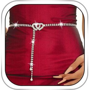 Silver Rhinestone Waist Belts Heart Chain Belt Crystal Waist Chains for Women