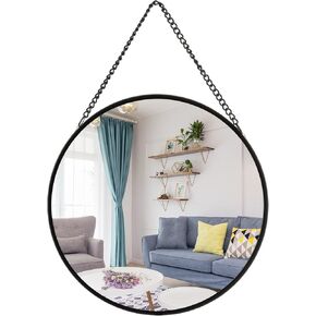 Hanging Wall Mirror Decorative Metal Round Mirror with Chain for Home Decor Bathroom Bedroom Living Room… (11.8", Black)