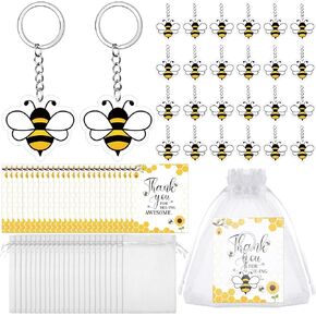 24 Pack Bee Employee Appreciation Gift Cute Bee Keychain Acrylic Inspirational Bee Keychain Team Emotional Support Positive Keyring Bulk with Thank You Card Organza Bag for Teacher Nurse