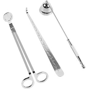 3 in 1 Candle Accessory Set Included Candle Wick Trimmer,Candle Snuffer,Candle Wick Dipper, Candle Cutter Must-Have Tool Kit Prevent Flickering Black Smoke, Silver