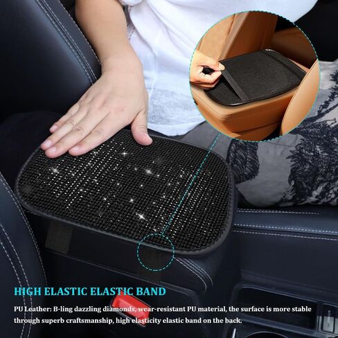 Bling Car Center Console Cover, Car Armrest Cover, Diamond Rhinestone Auto Center Console Cover Protector, Universal Arm Rest Cushion Pads Car Interior Accessories for Vehicles, SUVs (Black) in Saudi Arabia