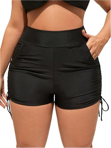 Floerns Women's Plus Size Swimwear Bottom High Waisted Drawstring Swim Shorts with Pocket in Kuwait