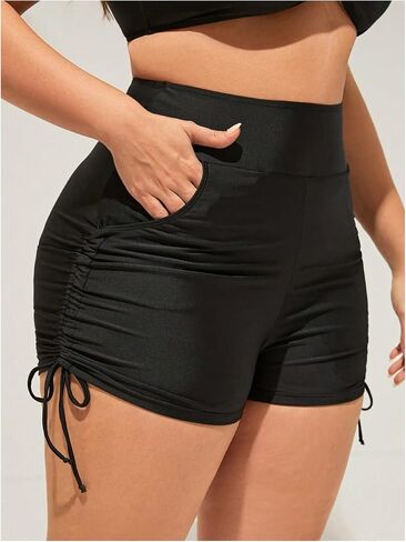 Floerns Women's Plus Size Swimwear Bottom High Waisted Drawstring Swim Shorts with Pocket in Kuwait