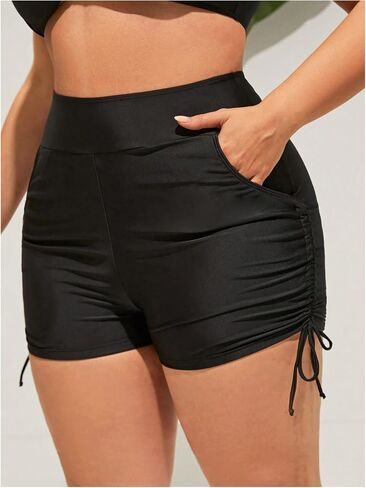 Floerns Women's Plus Size Swimwear Bottom High Waisted Drawstring Swim Shorts with Pocket in Kuwait