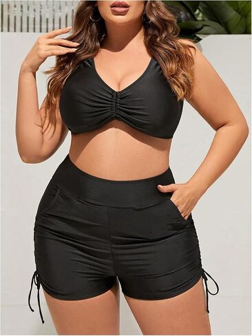 Floerns Women's Plus Size Swimwear Bottom High Waisted Drawstring Swim Shorts with Pocket in Kuwait