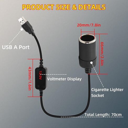 GELRHONR 5V USB A Male to 12V 8W Cigarette Lighter Socket Adapter Converter with Voltmeter Display, for Charger, GPS, Dash Cam, Socket Electronic Dog Power Supply (0.3M) in Saudi Arabia