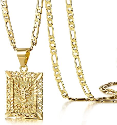 KissYan Zodiac Pendant Necklace for Women Men, 14K Gold Plated Square Constellation Sign Horoscope Figaro Chain Jewelry Birthday Gift in Saudi Arabia