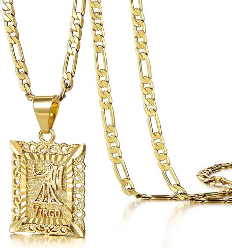 KissYan Zodiac Pendant Necklace for Women Men, 14K Gold Plated Square Constellation Sign Horoscope Figaro Chain Jewelry Birthday Gift in Saudi Arabia