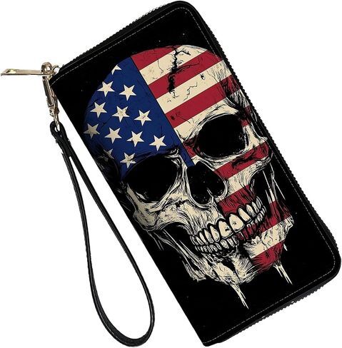 RFID Blocking Leather Wallet for Women – Large Capacity Zip Around Clutch with 8 Card Slots,39 Cash Pockets & Coin Zipper,Skull American Flag in Saudi Arabia