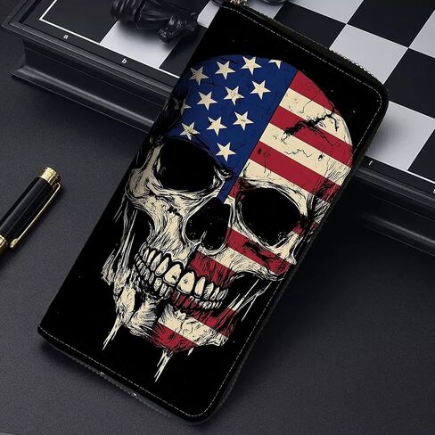 RFID Blocking Leather Wallet for Women – Large Capacity Zip Around Clutch with 8 Card Slots,39 Cash Pockets & Coin Zipper,Skull American Flag in Saudi Arabia