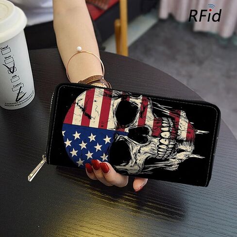 RFID Blocking Leather Wallet for Women – Large Capacity Zip Around Clutch with 8 Card Slots,39 Cash Pockets & Coin Zipper,Skull American Flag in Saudi Arabia