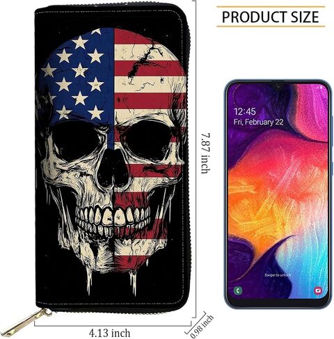 RFID Blocking Leather Wallet for Women – Large Capacity Zip Around Clutch with 8 Card Slots,39 Cash Pockets & Coin Zipper,Skull American Flag in Saudi Arabia