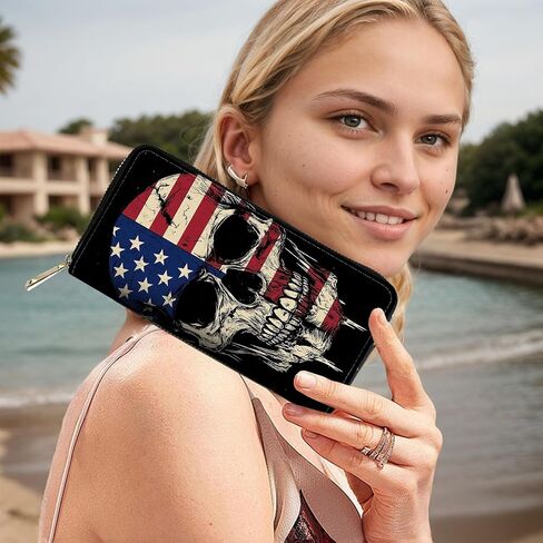 RFID Blocking Leather Wallet for Women – Large Capacity Zip Around Clutch with 8 Card Slots,39 Cash Pockets & Coin Zipper,Skull American Flag in Saudi Arabia