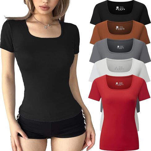 FMNNNN 5 Pack Short Sleeve for Womens Square Neck T Shirts Fashion Casual Basic Tops Tees Summer Outfits Clothes 2025 in Saudi Arabia