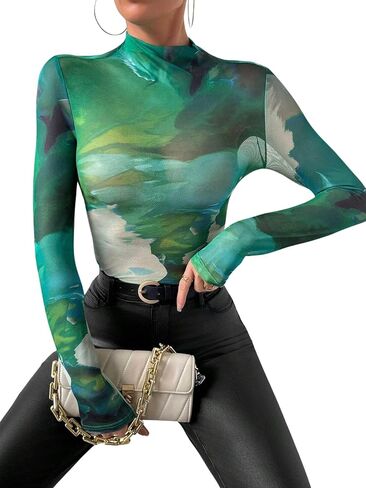 Remidoo Womens Sexy Sheer Mesh Long Sleeve Tops Round Neck Fitted T Shirt in Saudi Arabia