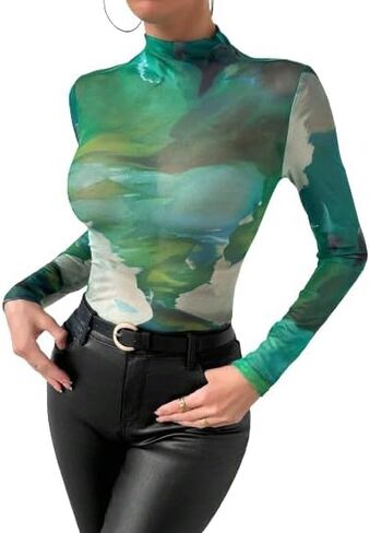 Remidoo Womens Sexy Sheer Mesh Long Sleeve Tops Round Neck Fitted T Shirt in Saudi Arabia