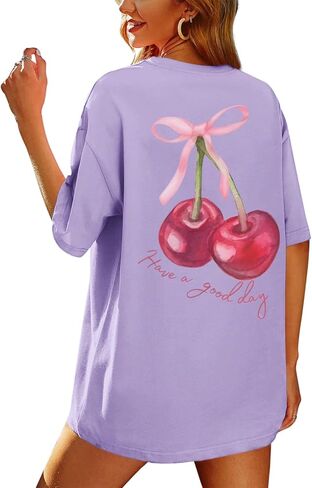 BINTEHGS Oversized Graphic Tees for Women Trendy Cherry Printed Shirt Cute Summer Aesthetic Cotton Tshirts Tops for Teens in Kuwait