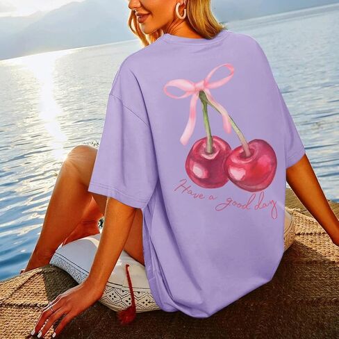 BINTEHGS Oversized Graphic Tees for Women Trendy Cherry Printed Shirt Cute Summer Aesthetic Cotton Tshirts Tops for Teens in Kuwait