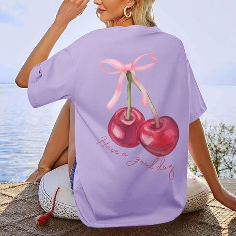 BINTEHGS Oversized Graphic Tees for Women Trendy Cherry Printed Shirt Cute Summer Aesthetic Cotton Tshirts Tops for Teens in Kuwait