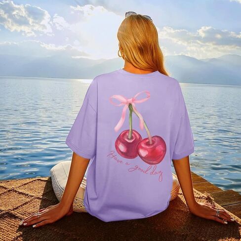 BINTEHGS Oversized Graphic Tees for Women Trendy Cherry Printed Shirt Cute Summer Aesthetic Cotton Tshirts Tops for Teens in Kuwait