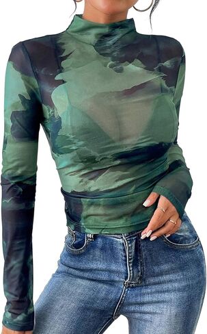 Remidoo Womens Sexy Sheer Mesh Long Sleeve Tops Round Neck Fitted T Shirt in Saudi Arabia