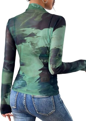 Remidoo Womens Sexy Sheer Mesh Long Sleeve Tops Round Neck Fitted T Shirt in Saudi Arabia
