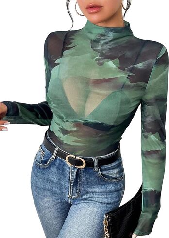 Remidoo Womens Sexy Sheer Mesh Long Sleeve Tops Round Neck Fitted T Shirt in Saudi Arabia