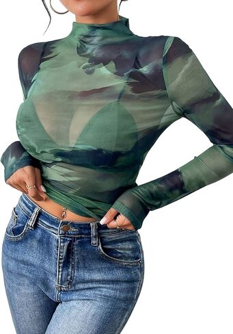 Remidoo Womens Sexy Sheer Mesh Long Sleeve Tops Round Neck Fitted T Shirt in Saudi Arabia