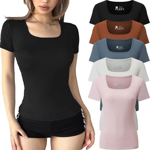 FMNNNN 5 Pack Short Sleeve for Womens Square Neck T Shirts Fashion Casual Basic Tops Tees Summer Outfits Clothes 2025 in Saudi Arabia