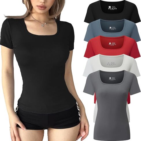 FMNNNN 5 Pack Short Sleeve for Womens Square Neck T Shirts Fashion Casual Basic Tops Tees Summer Outfits Clothes 2025 in Saudi Arabia