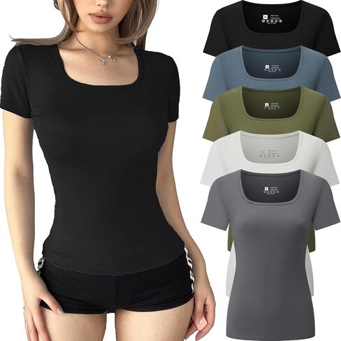 FMNNNN 5 Pack Short Sleeve for Womens Square Neck T Shirts Fashion Casual Basic Tops Tees Summer Outfits Clothes 2025 in Saudi Arabia