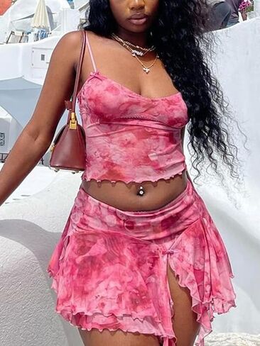 Ophestin Womens Sexy 2 Piece Club Outfits Set Floral Print Camisole Crop Top Mini Skirt with Slit in Saudi Arabia