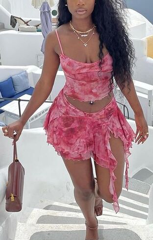 Ophestin Womens Sexy 2 Piece Club Outfits Set Floral Print Camisole Crop Top Mini Skirt with Slit in Saudi Arabia