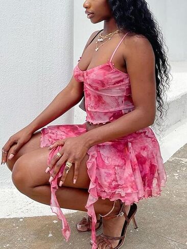 Ophestin Womens Sexy 2 Piece Club Outfits Set Floral Print Camisole Crop Top Mini Skirt with Slit in Saudi Arabia